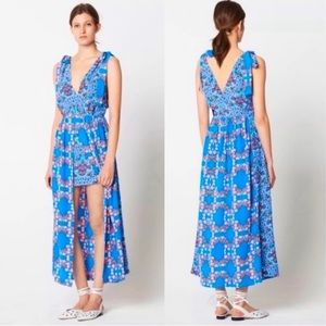 Sandro blue floral print shoulder tie mason long dress